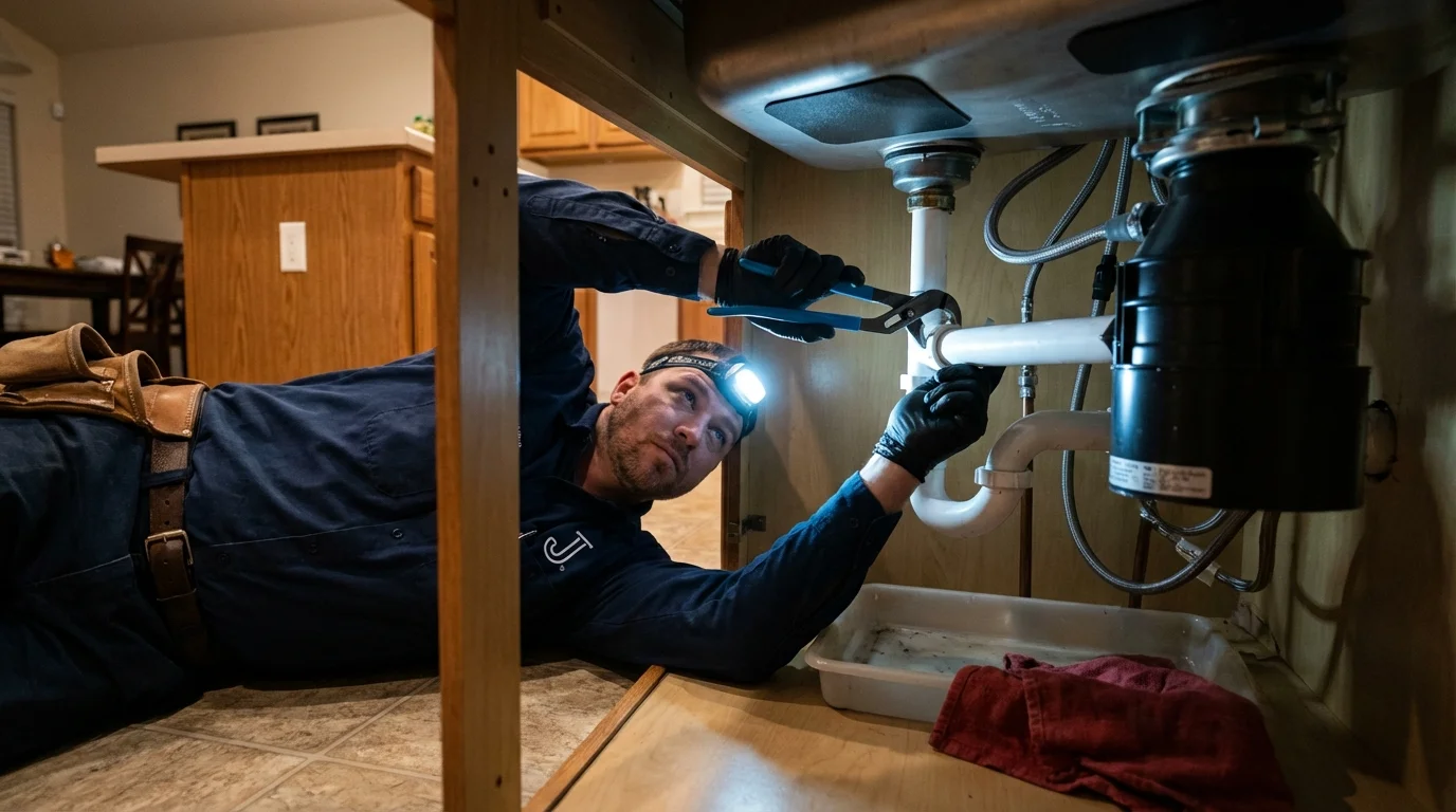 P-trap and supply line connections under a kitchen sink showing a common leak point in Vidalia, GA